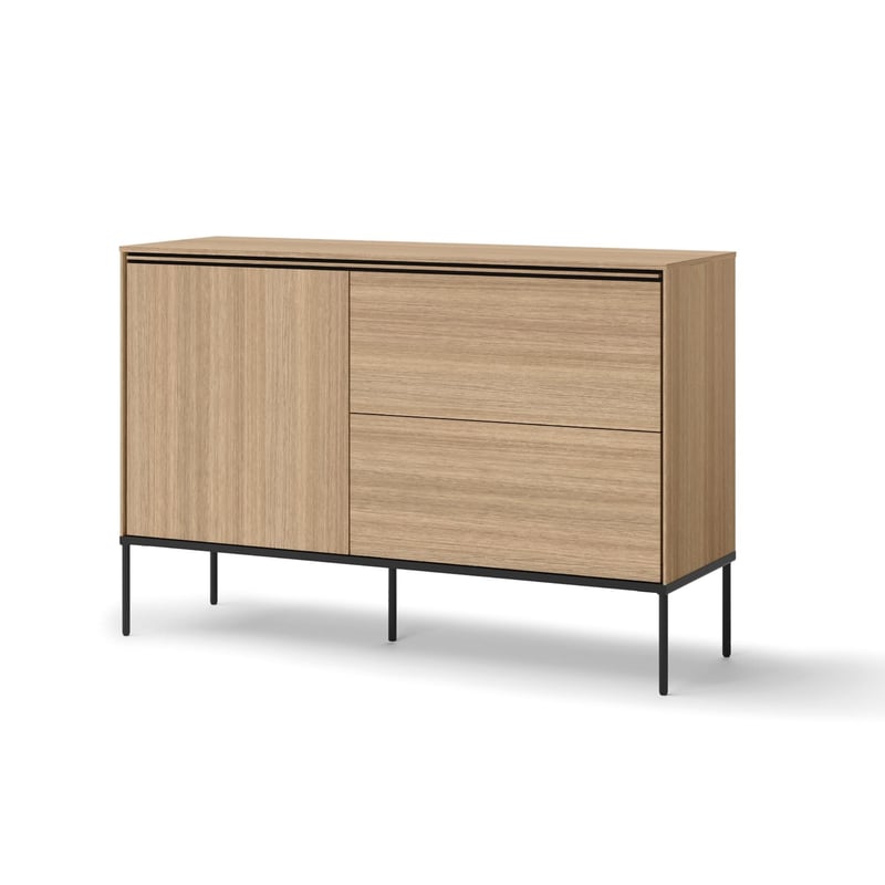 Komoda VISSO dąb linearny – 2 szuflady, drzwi z półką, klasyczny design – elegancja i funkcjonalność