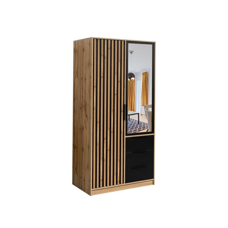 Elegancka szafa BALL LUX 2D z lustrem i czarnymi uchwytami – czarny/wotan, 100 cm