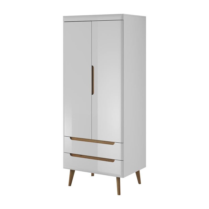 Szafa uchylna NODIS biały połysk z szufladami i drążkiem, wstawki dąb Riviera, 80x197 cm