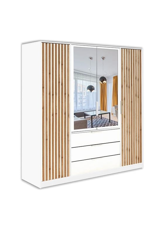 BALL LUX – czterodrzwiowa szafa z lustrem i białymi uchwytami, biały/wotan, 196 cm