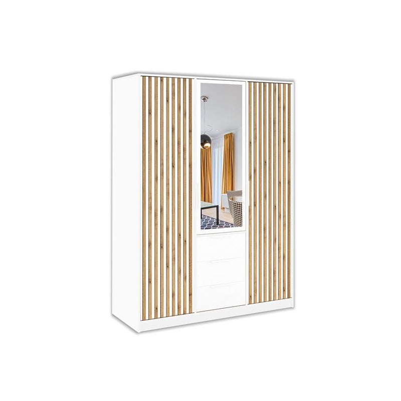 Szafa BALL LUX z lustrem i białymi uchwytami – trzydrzwiowa, biały/wotan, 150 cm