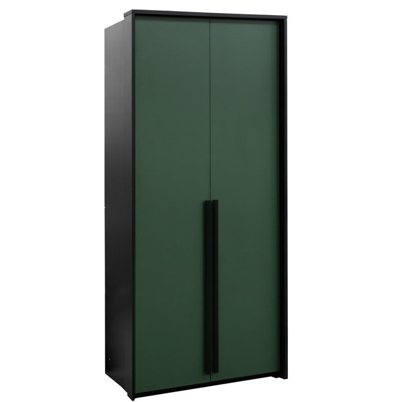 Szafa GENUA 105 dwudrzwiowa zielona z czarnymi uchwytami, drążkiem i półkami – nowoczesna i funkcjonalna