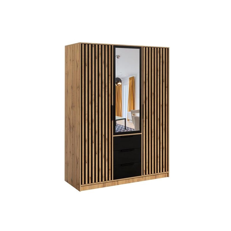 Szafa BALL LUX do nowoczesnych wnętrz trzydrzwiowa z nadstawką – lustro, czarne uchwyty, dąb Wotan