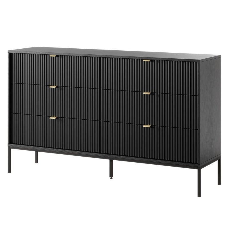 Komoda Nova 154 cm czarna na czarnym stelażu – minimalistyczny design, 6 pojemnych szuflad