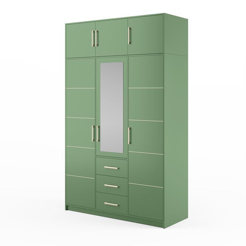 Trzydrzwiowa szafa BALL II z nadstawką i lustrem, złote uchwyty – butelkowa zieleń, 147 cm