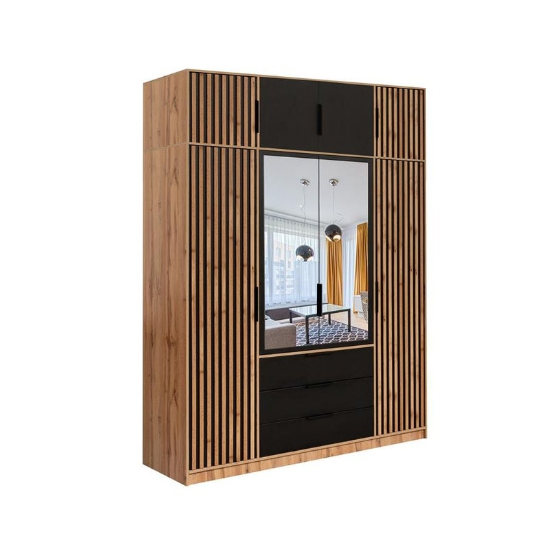 BALL LUX szafa czterodrzwiowa z nadstawką – lustro, czarne uchwyty, dąb Wotan