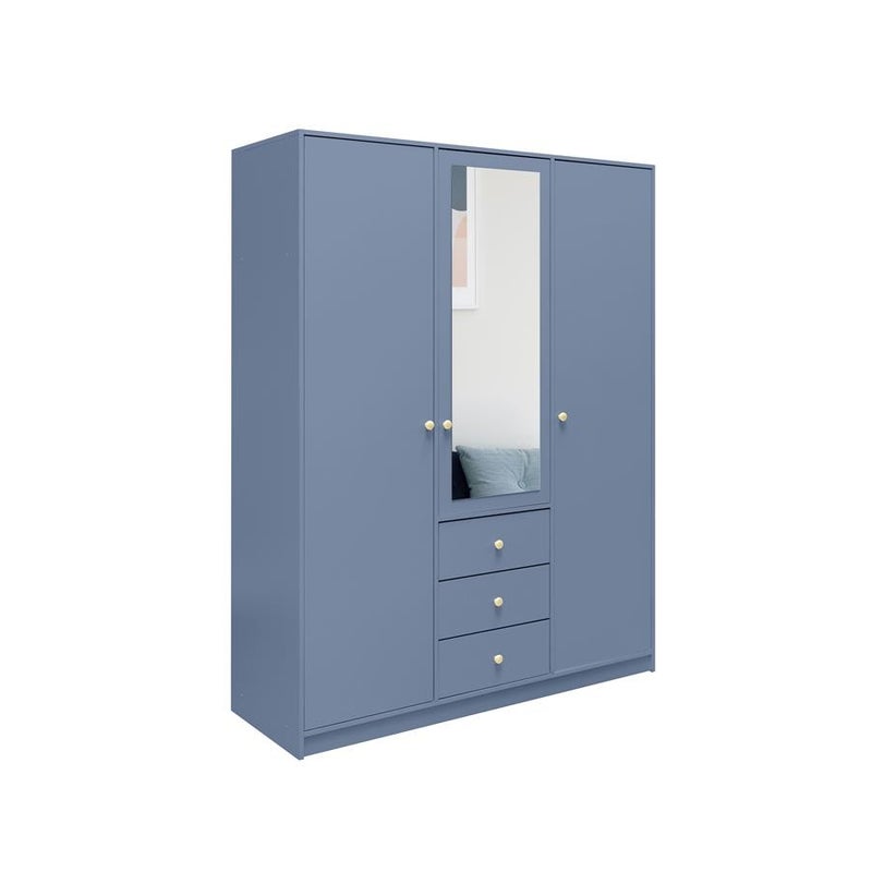 Szafa trzydrzwiowa RAINBOW II 150 cm z lustrem i złotymi uchwytami – zgaszony błękit do sypialni