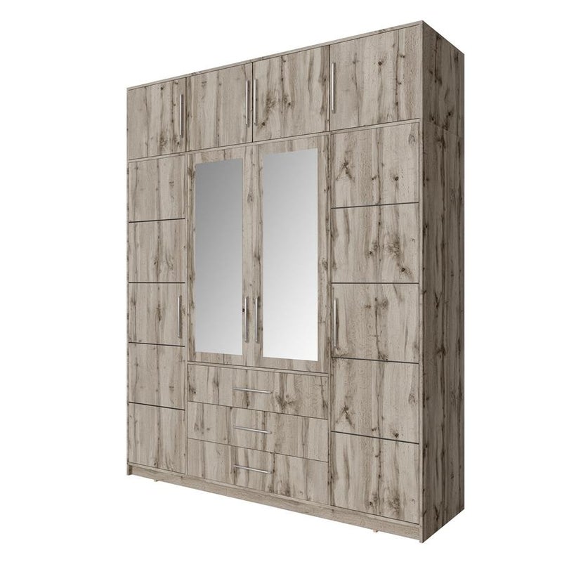 Szafa BALL czterodrzwiowa z nadstawką i lustrem – srebrne uchwyty, wellington, 196 cm