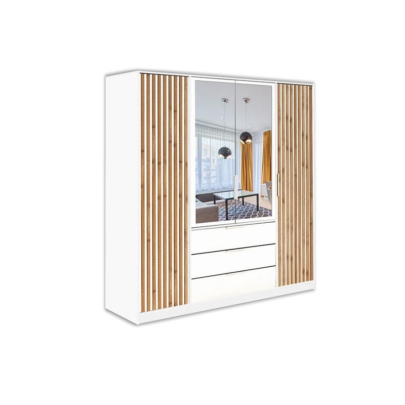 Nowoczesna szafa BALL LUX czterodrzwiowa z nadstawką – lustro, białe uchwyty, dąb Wotan