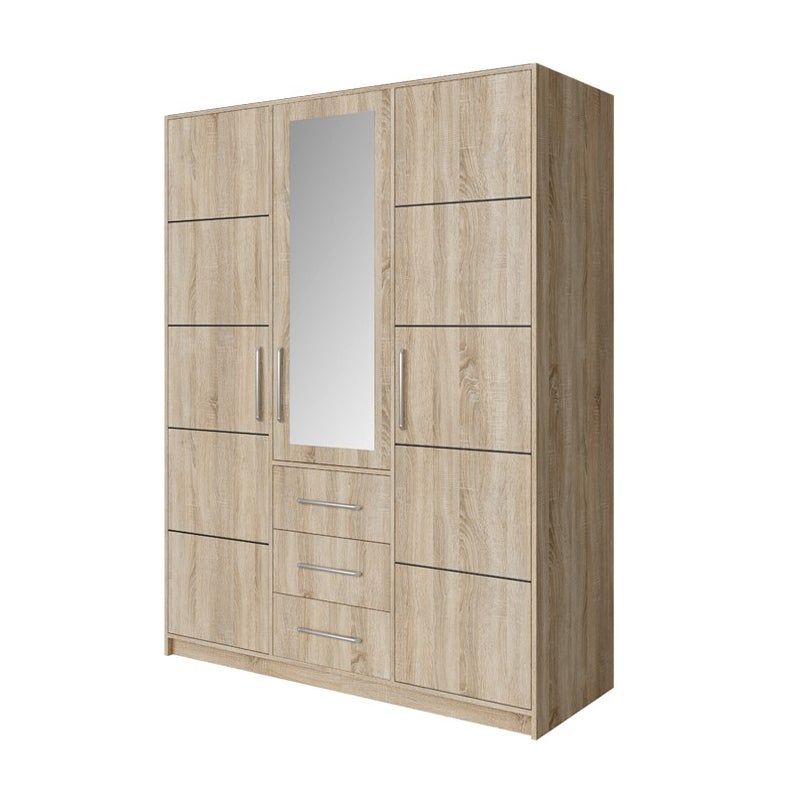 Trzydrzwiowa szafa BALL z lustrem i srebrnymi uchwytami – 147 cm, dąb sonoma