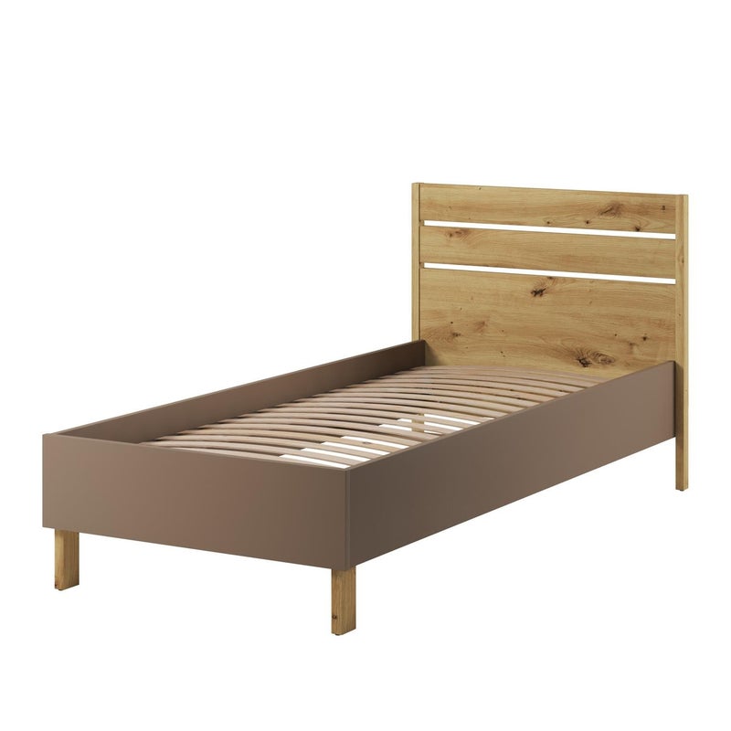 Łóżko młodzieżowe SONNY 90 cm z drewnianym stelażem – Nowoczesny design w truflowym brązie i dębie artisan