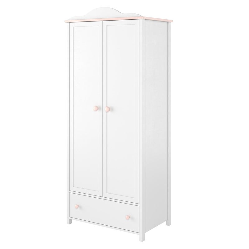 Wysoka szafa dwudrzwiowa LUNA z półkami i drążkiem – biało-różowa do pokoju dziecięcego