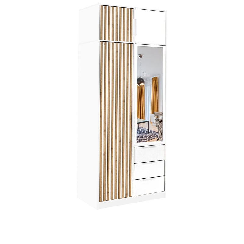 Elegancka szafa BALL LUX dwudrzwiowa z nadstawką – lustro, białe uchwyty, dąb Wotan