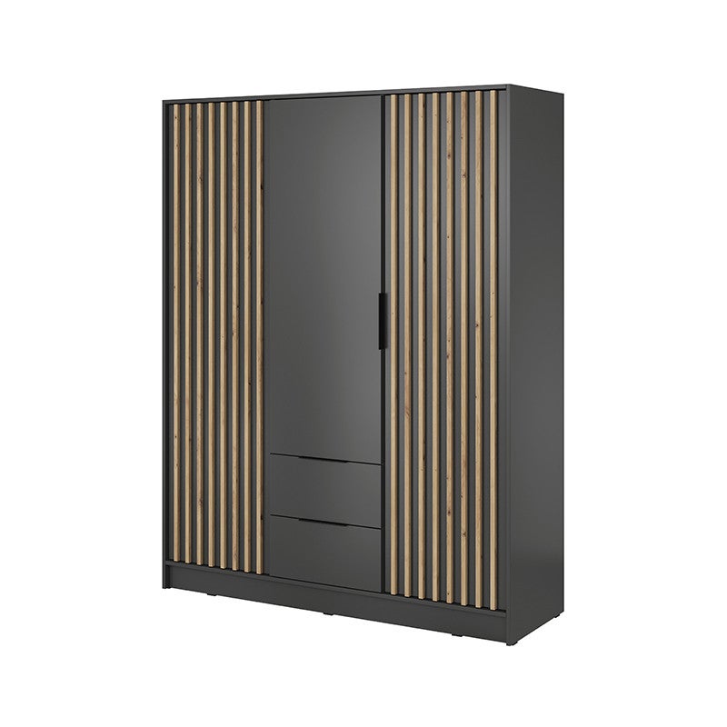 Grafitowa szafa trzydrzwiowa Nelly 3D z ozdobnymi lamelami i szufladami – nowoczesny styl
