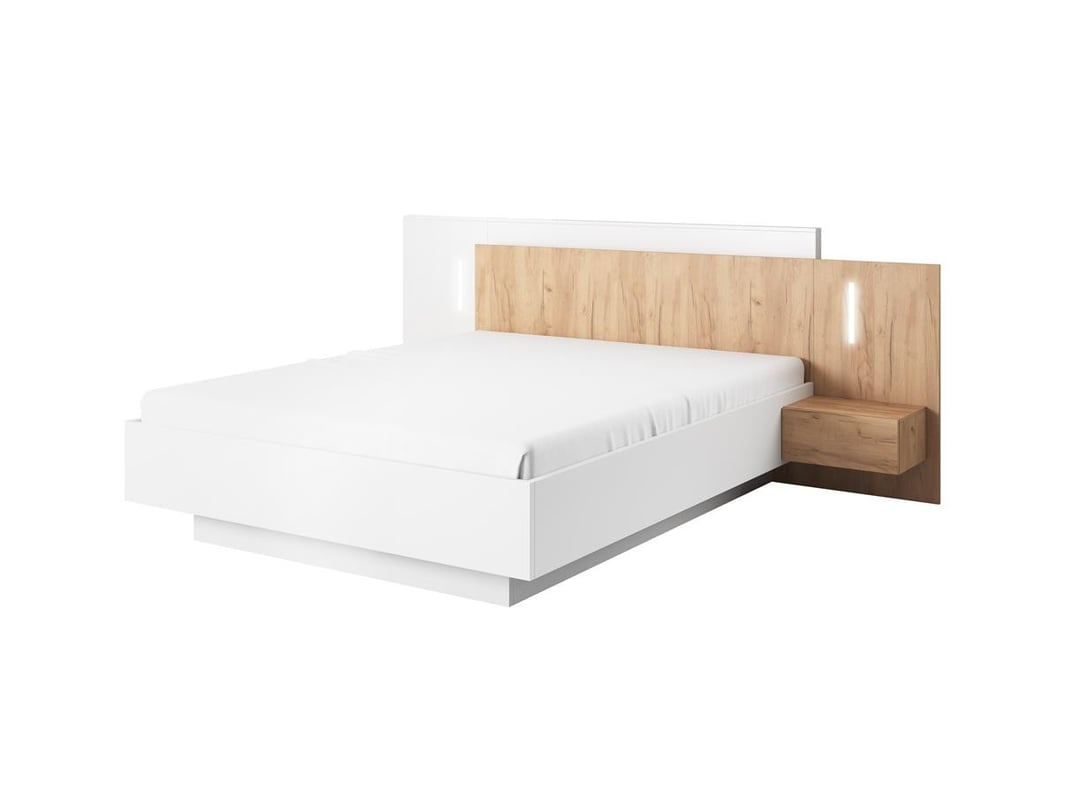 Łóżko WOOD z Stolikami Nocnymi – Biały Mat + Dąb Craft Złoty, Drewniany Stelaż z Listew Bukowych