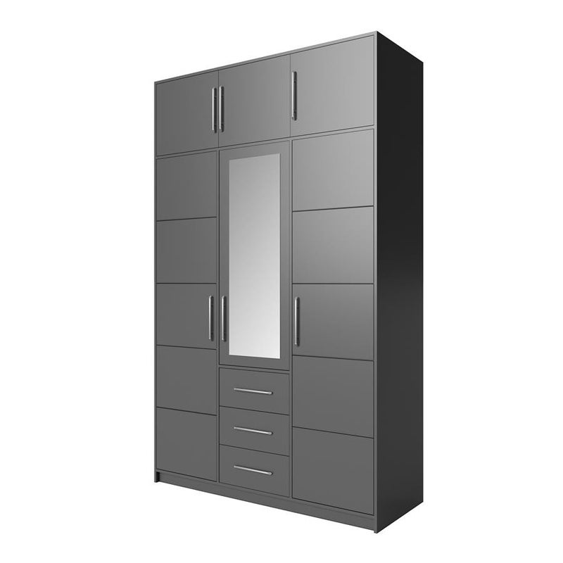 Szafa BALL 3D z nadstawką i lustrem – srebrne uchwyty, grafit, 147 cm