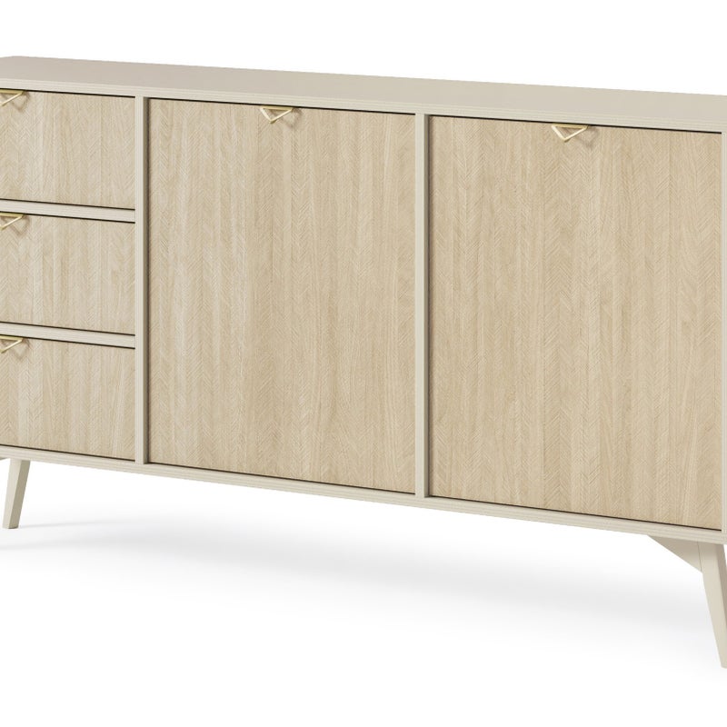 Komoda FIRR 2D3S 158 cm – Beż piaskowy + Jodełka Scandi, 3 szuflady, 2 drzwi, złote uchwyty