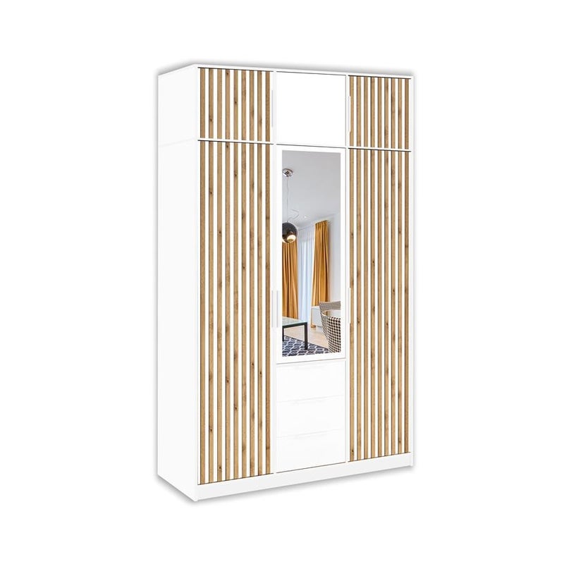 Szafa BALL LUX trzydrzwiowa z nadstawką – lustro, białe uchwyty, dąb Wotan