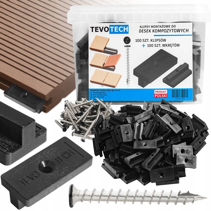 KLIPSY MONTAŻOWE + WKRĘTY DO DESEK KOMPOZYTOWYCH I DREWNIANYCH 100+100 szt.