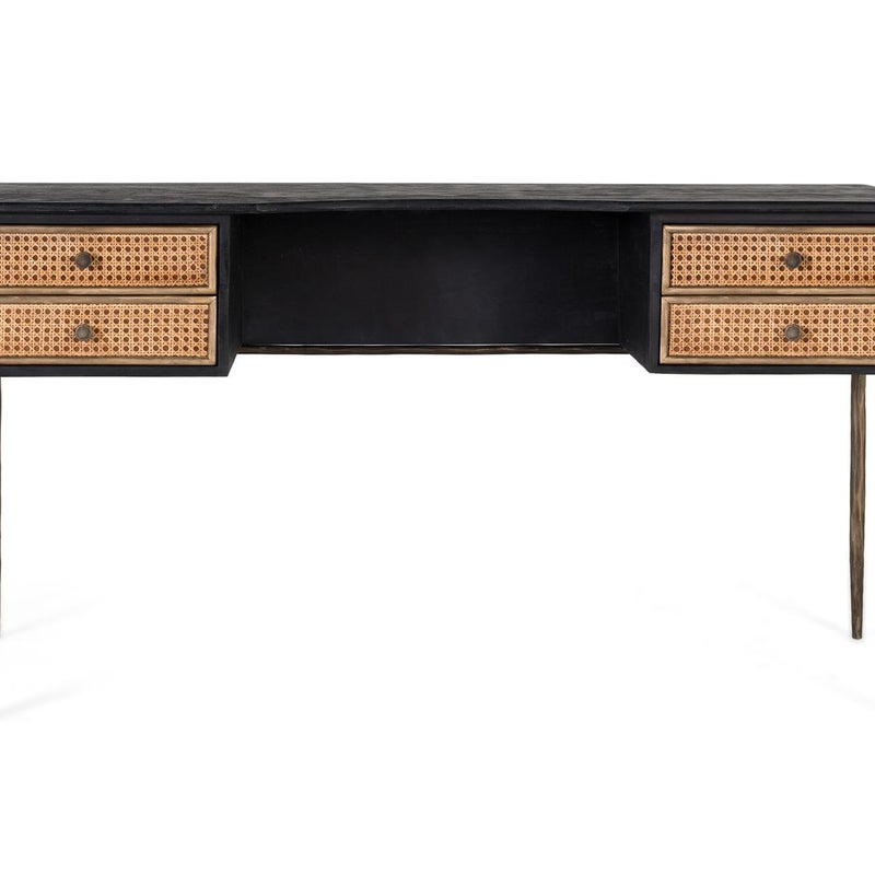 Bureau en bois de manguier black avec tirairs en grille et pieds brąz