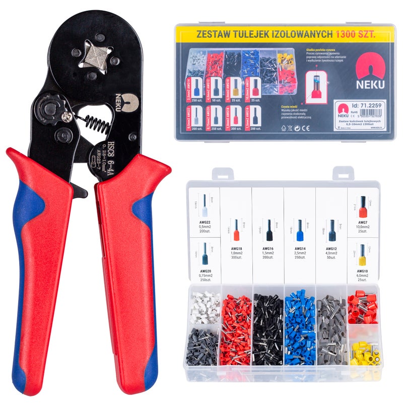 Neku Zaciskarka Praska do tulejek kablowych 0,25-10mm2 z matrycą czworokątną + zestaw tulejek izolowanych DIN 0,5-10mm2 1300szt.