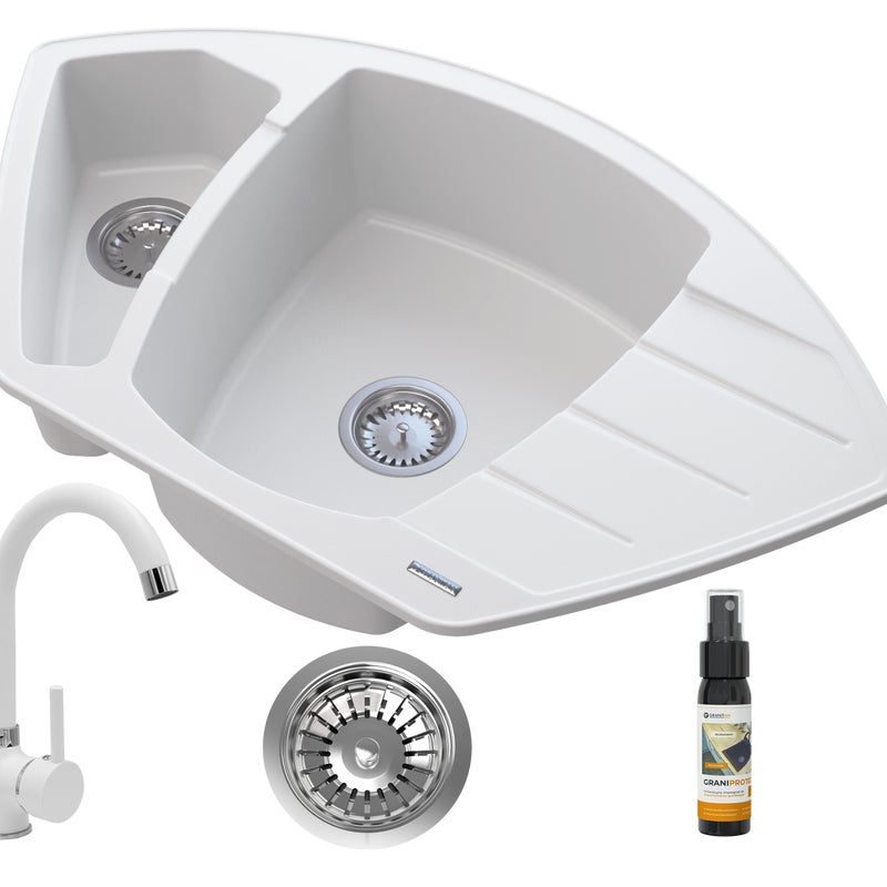 Zlewozmywak Granitowy Granitan Compact Narożny z Syfonem i Baterią Beta Biały 1kpl.