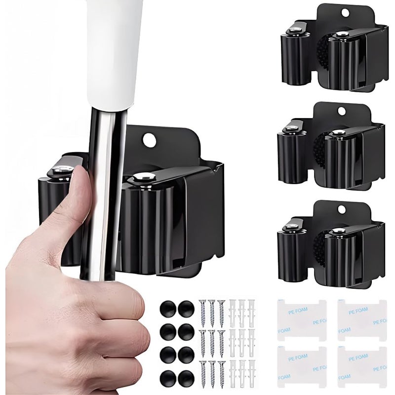 4 solidne uchwyty na miotły montowane na ścianie - stal nierdzewna - łazienka/kuchnia (czarne)