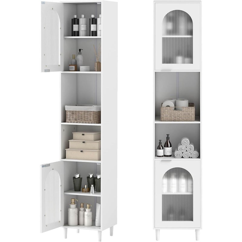 Szafka Łazienkowa Kolumnowa, Wąska Szafka Wolnostojąca 180 cm z Regulowanymi Półkami, Otwartymi Przegrodami, Drzwiami z Hartowanego Szkła