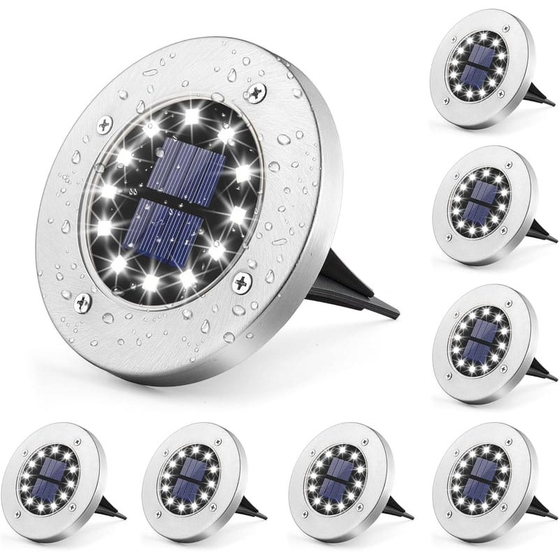 Zestaw 12 wodoodpornych, stalowych, solarnych lamp ogrodowych, w kolorze białym, 12 diod LED, do ogrodu, na patio, trawnik, podwórko, podjazd
