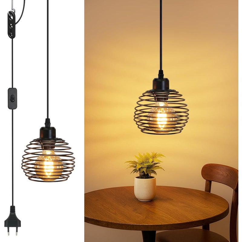 ZMH Lampa wisząca vintage z 1 płomieniem, czarna, industrialna, z kablem 4,5 m, wtyczką i przełącznikiem, oprawka E27, lampa retro