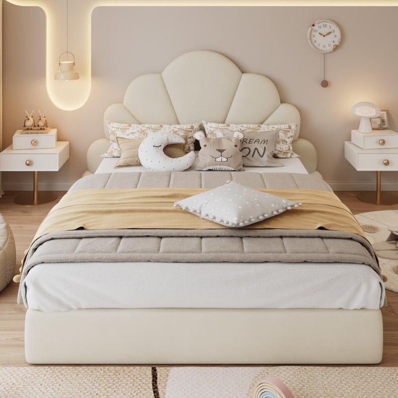 Łóżko podwójne w aksamicie z zagłówkiem w falistych płatkach, nowoczesny design, beżowe, 140x200 cm, solidna i stabilna rama