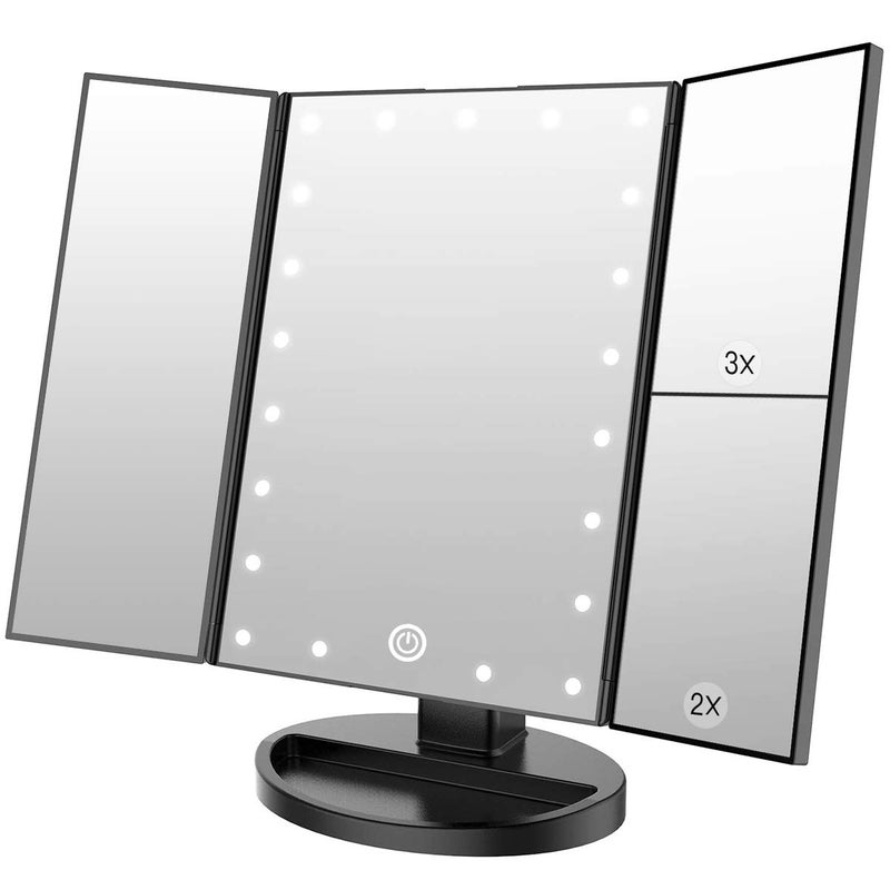 Lustro do makijażu z 21 diodami LED, powiększenie 1x/2x/3x, składane na trzy części, akumulatorowe (czarne)