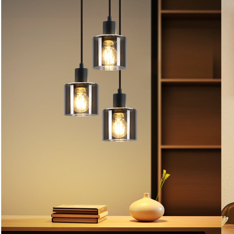 ZMH Czarna szklana lampa wisząca o średnicy 26 cm, E27, salon, 3 żarówki, lampa w stylu vintage do jadalni, lampa industrialna, regulowana wysokość