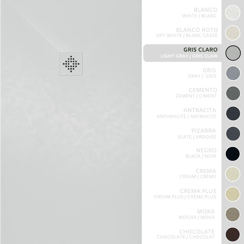 SOULHOME Brodzik prysznicowy– Żywica– Gel Coat– Gładka/Kamienna tekstura – Antypoślizgowy – Kolor jasnoszary – 100x90- Niski 3 cm– SAME