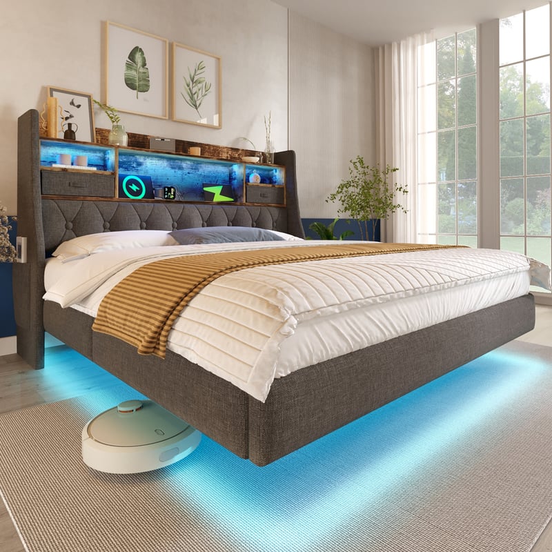 Łóżko tapicerowane 160 x 200 cm z zagłówkiem ze schowkiem - Gniazdo USB i typu C - Tkanina lniana - Diody LED - Szare (bez materaca)