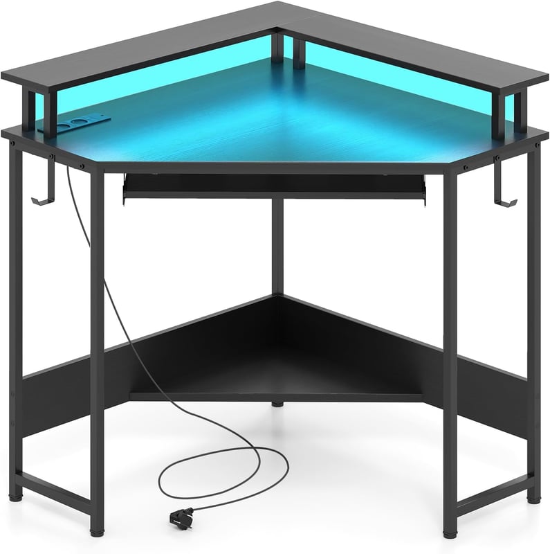 Narożne Biurko Komputerowe, 20 Kolorów Efektów Świetlnych, Stacja Ładująca z Gniazdkami i Portami USB oraz Typu C, Podwyższona Półka (Czarne)