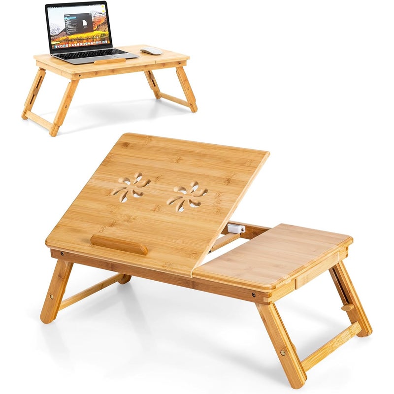 Składany Stolik do Łóżka, o Regulowanej Wysokości, 4-Stopniowa Regulacja Nachylenia Blatu, Bambusa z Otworami Wentylacyjnymi, Szuflada (Naturalny)