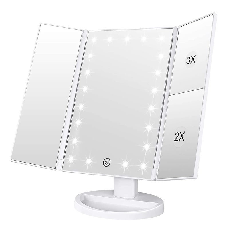 Lustro do makijażu składane, trzyczęściowe, z 21 diodami LED, regulowanym ekranem dotykowym i powiększeniem 1x/2x/3x (białe)