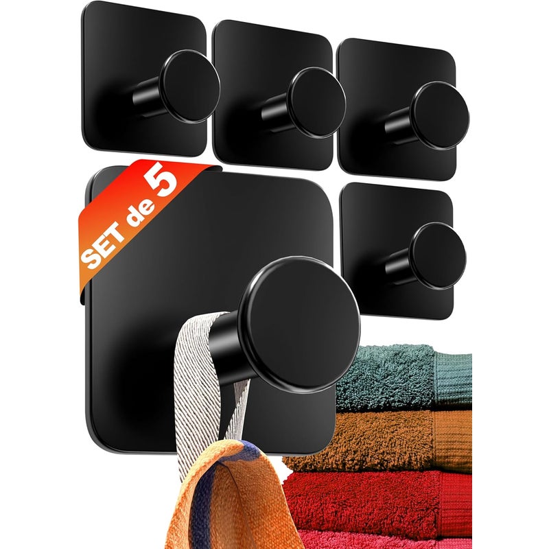 Wieszaki na ręczniki, uchwyty na ręczniki bez wiercenia, zestaw 5 szt. - Nowoczesne czarne wieszaki na ręczniki łazienkowe