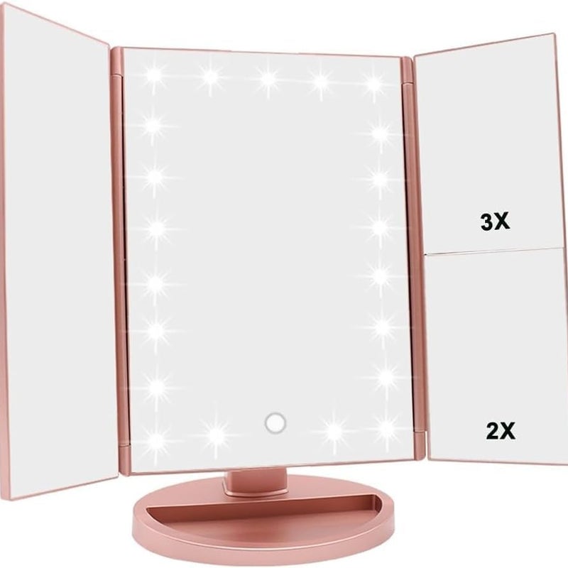 Lustro do makijażu z 21 diodami LED, regulowanym ekranem dotykowym i powiększeniem 1x/2x/3x, lusterko podróżne z możliwością ładowania (różowe)