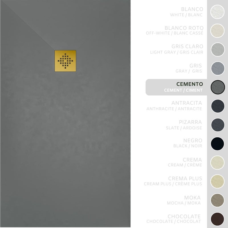 SOULHOME Brodzik prysznicowy– Żywica– Gel Coat– Gładka/Kamienna tekstura – Antypoślizgowy – cementowoszary – 90X75- Niski 3 cm– Ruszt Złoty