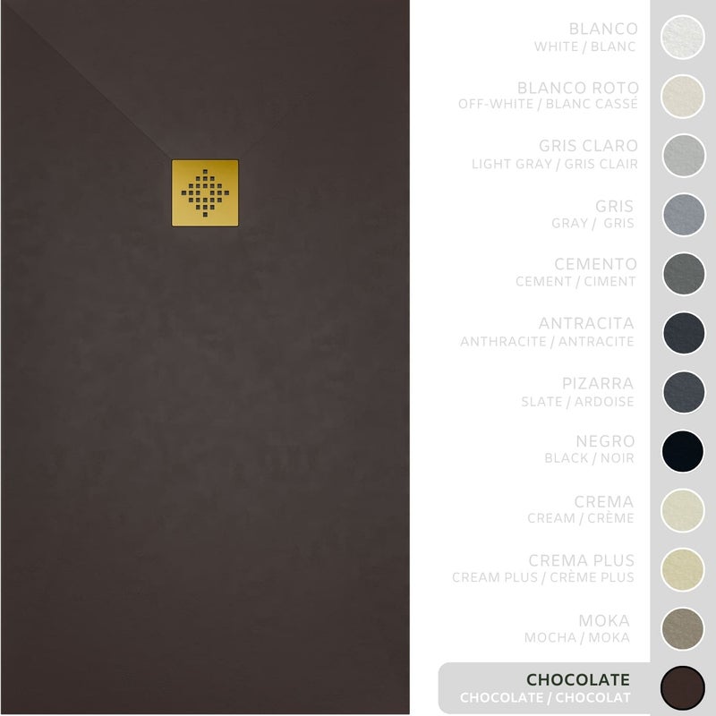 SOULHOME Brodzik prysznicowy– Żywica– Gel Coat– Gładka/Kamienna tekstura – Antypoślizgowy – czekoladowy – 90X75- Niski 3 cm– Ruszt Złoty