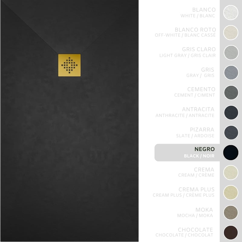 SOULHOME Brodzik prysznicowy– Żywica– Gel Coat– Gładka/Kamienna tekstura – Antypoślizgowy – czarny – 100x100- Niski 3 cm– Ruszt Złoty