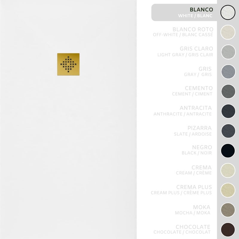 SOULHOME Brodzik prysznicowy– Żywica– Gel Coat– Gładka/Kamienna tekstura – Antypoślizgowy – biały – 150x80- Niski 3 cm– Ruszt Złoty