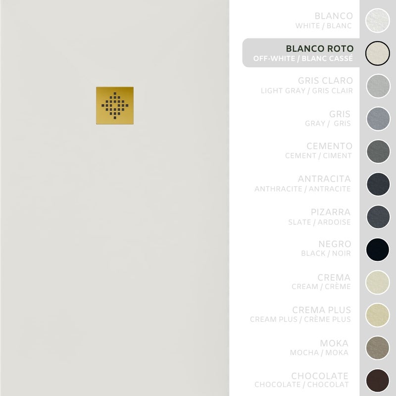 SOULHOME Brodzik prysznicowy– Żywica– Gel Coat– Gładka/Kamienna tekstura – Antypoślizgowy – złamana biel – 190X70- Niski 3 cm– Ruszt Złoty