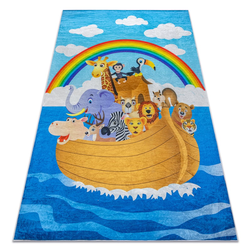 Dywan do prania BAMBINO 2685 Zwierzęta, Łódź, arka dla dzieci, antypoślizgowy - niebieski / brązowy 200x290 cm