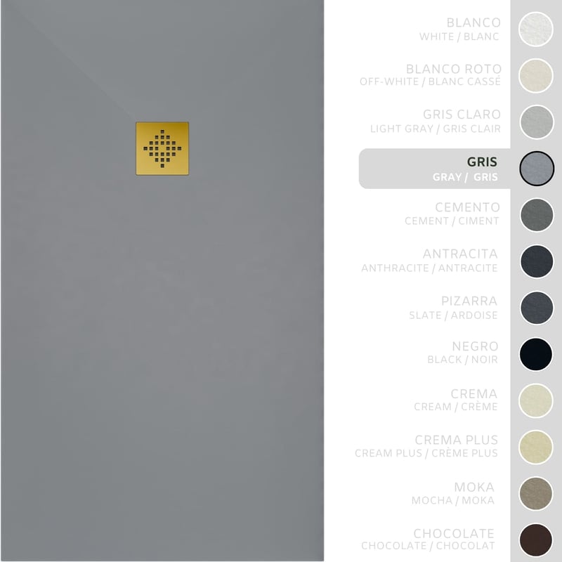 SOULHOME Brodzik prysznicowy– Żywica– Gel Coat– Gładka/Kamienna tekstura – Antypoślizgowy – szary – 100x90- Niski 3 cm– Ruszt Złoty