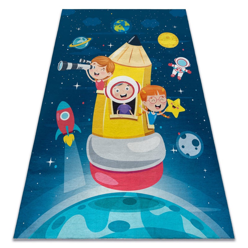 Dywan do prania BAMBINO 42810 Rakieta, planety dla dzieci, antypoślizgowy - niebieski / brązowy 200x290 cm