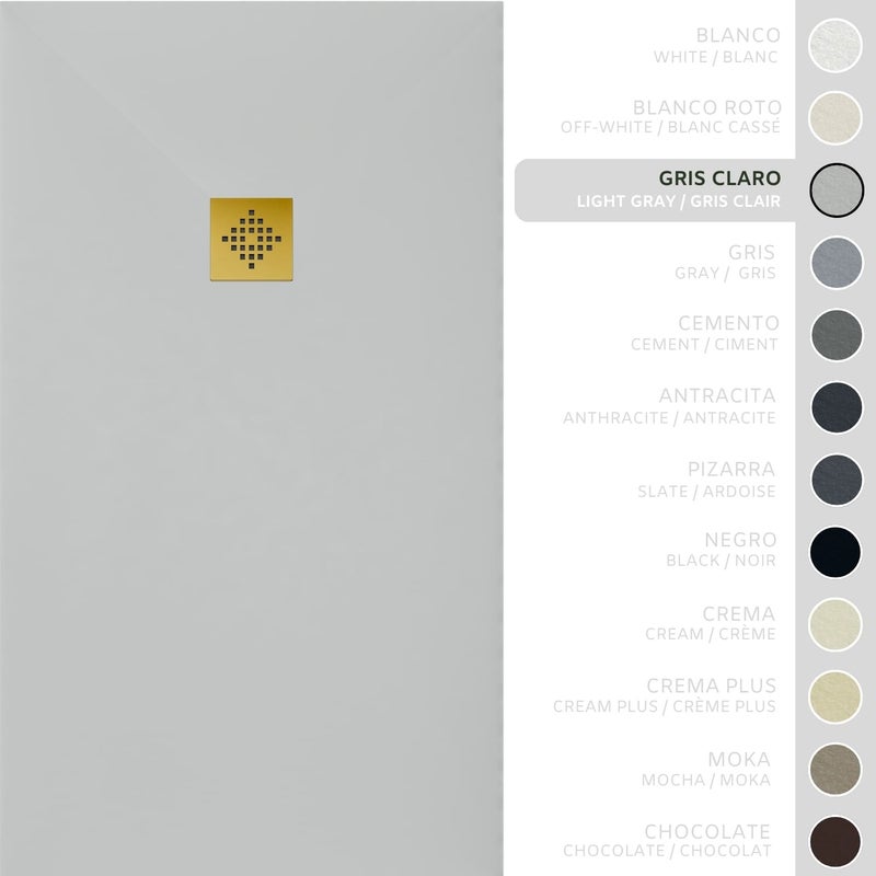 SOULHOME Brodzik prysznicowy– Żywica– Gel Coat– Gładka/Kamienna tekstura – Antypoślizgowy – jasnoszary – 170x90- Niski 3 cm– Ruszt Złoty