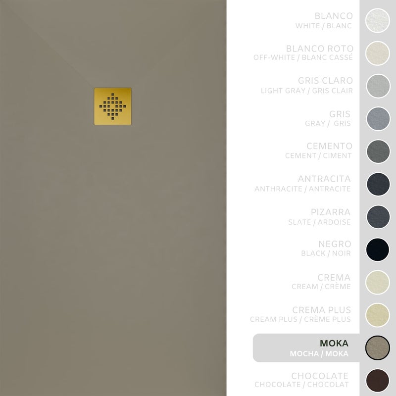 SOULHOME Brodzik prysznicowy– Żywica– Gel Coat– Gładka/Kamienna tekstura – Antypoślizgowy – Moka – 80X75- Niski 3 cm– Ruszt Złoty